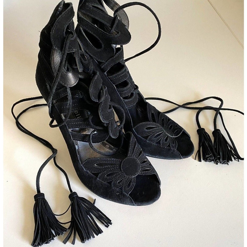 Alice + Olivia Natalie Suede Black Ankle High Laced Up Tassel Sandal Boo… View 3
